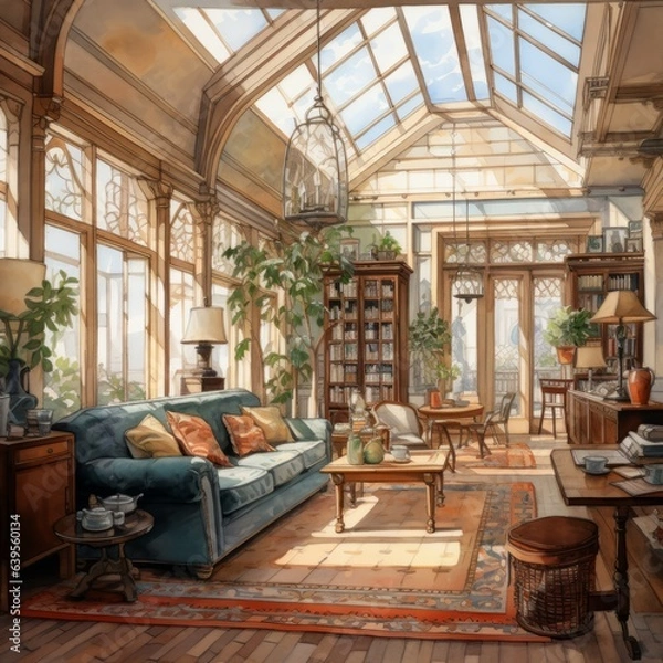 Obraz Watercolor interior sketch. Generated AI.