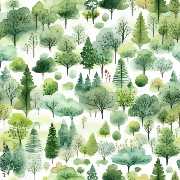 Obraz Watercolor forrest seamless pattern. Generated AI.