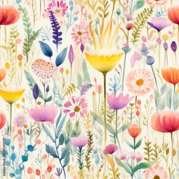 Obraz Watercolor seamless pattern flowers. Generated AI.