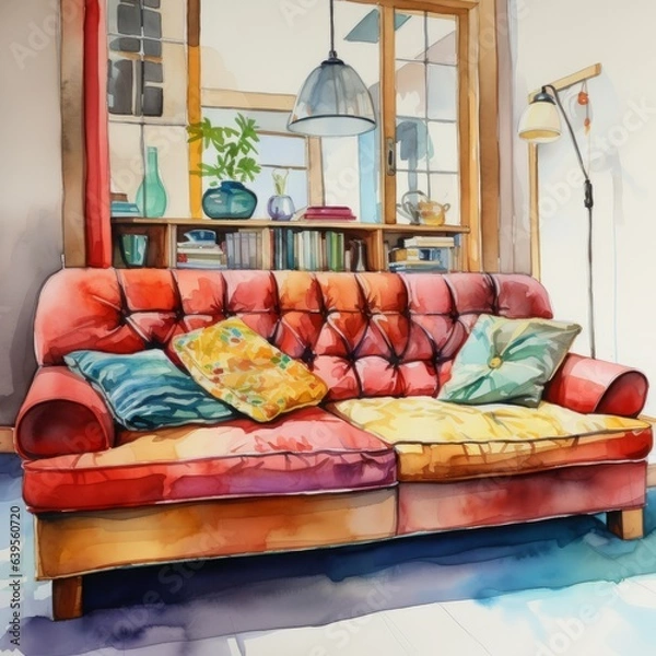 Obraz Watercolor interior. Generated AI.