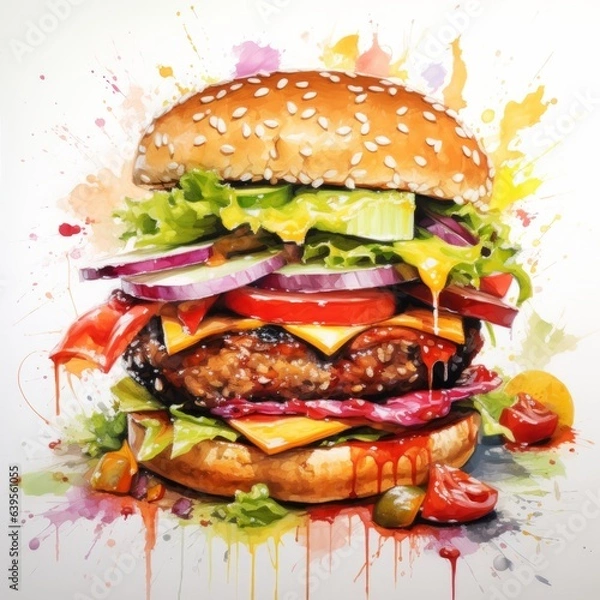 Obraz Watercolor burger. Generated AI.