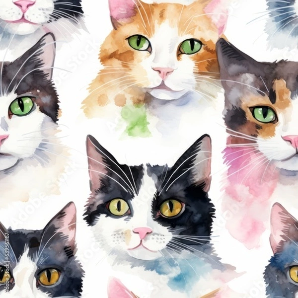 Obraz Watercolor seamless pattern cats. Generated AI.