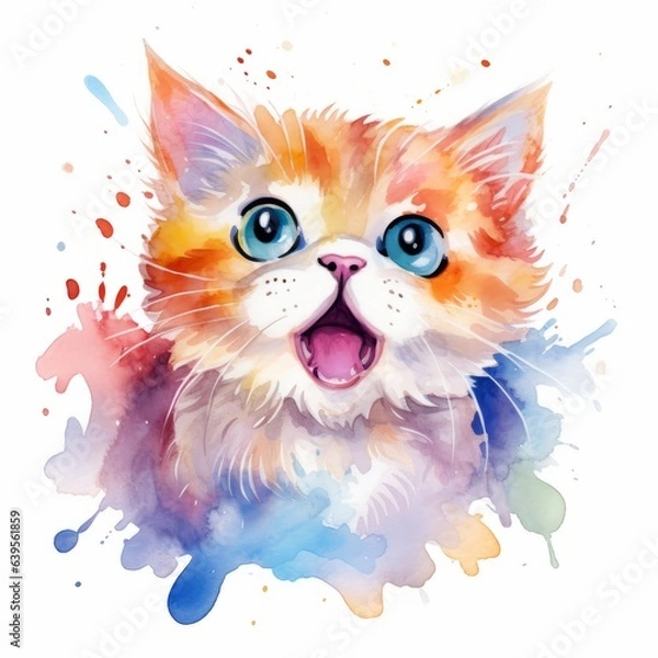 Fototapeta Watercolor cute cat. Generated AI.