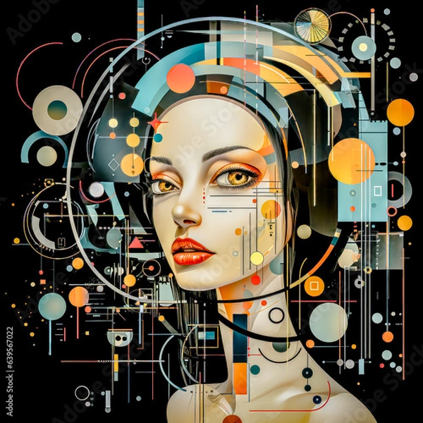 Fototapeta Girl with Colorful Face Digital Art Flowing Geometry Style Messy, Object Portraits Highly Detailed Figures, Technological Wallpaper Background Generative AI KI Backdrop Cover