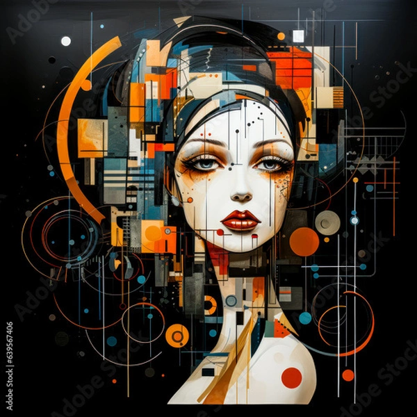 Fototapeta Girl with Colorful Face Digital Art  Flowing Geometry Style  Messy, Object Portraits  Highly Detailed Figures, Technological Wallpaper Background Generative AI KI Backdrop Cover