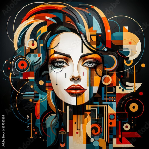 Fototapeta Girl with Colorful Face Digital Art  Flowing Geometry Style  Messy, Object Portraits  Highly Detailed Figures, Technological Wallpaper Background Generative AI KI Backdrop Cover