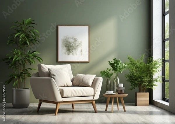 Fototapeta A cozy home interior with a comfortable armchair and a mock-up frame, Generative AI
