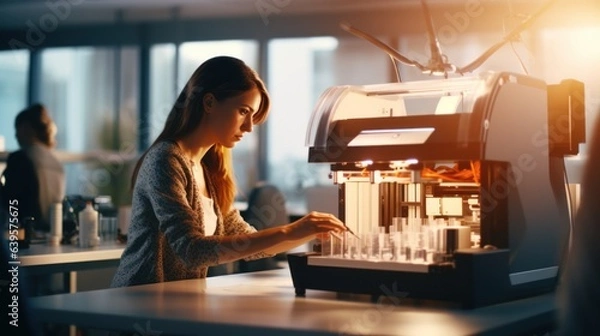 Obraz An engineer prints a prototype model on a 3d printer in a laboratory using equipment. Creativity, technology and 3d printing concept.