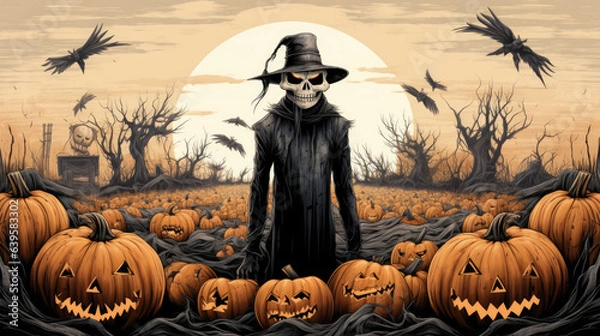 Obraz Ink illustration of the grim reaper in an autumn field with pumpkins and jack-o-lanterns, horror concept, scarecrow monster, moon in the backgound