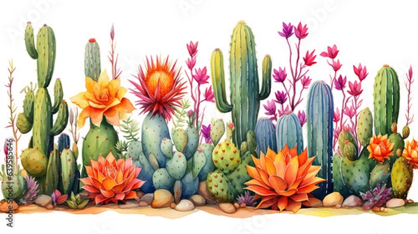 Fototapeta Hand drawn watercolor cactus collection. Generative Ai