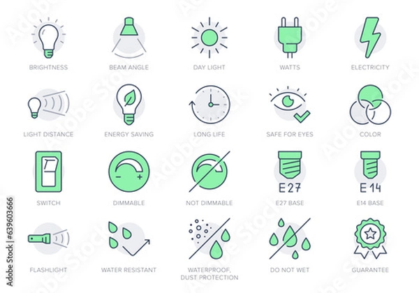 Obraz Lamp properties line icons. Vector illustration include icon - brightness, beam angle, electric plug, lumen, flashlight, dimmer outline pictogram for light bulb. Green Color, Editable Stroke