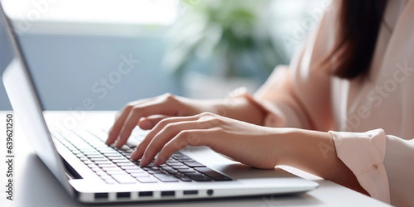 Fototapeta Young woman using laptop computer at home. Female hand typing on laptop keyboard in office. Businesswoman, student, work from home, distance education, online learning, studying concept, generative ai