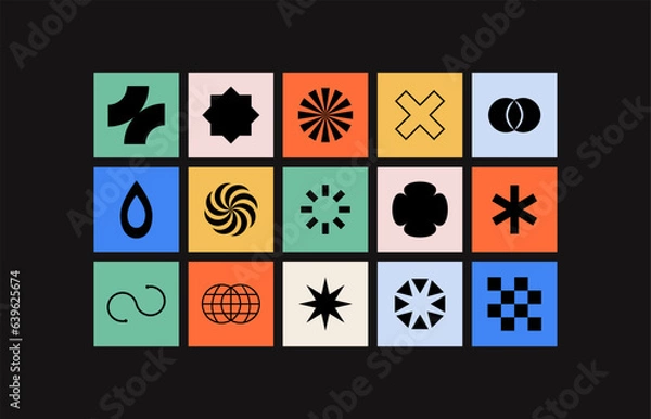 Fototapeta Abstract geometric shapes, brutalism forms, memphis geometric elements. Trendy minimalist basic figures, stars, lines and circles, modern graphic design element vector set.