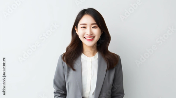Fototapeta グレーのスーツ姿で笑うロングヘアの日本人女性のポートレート