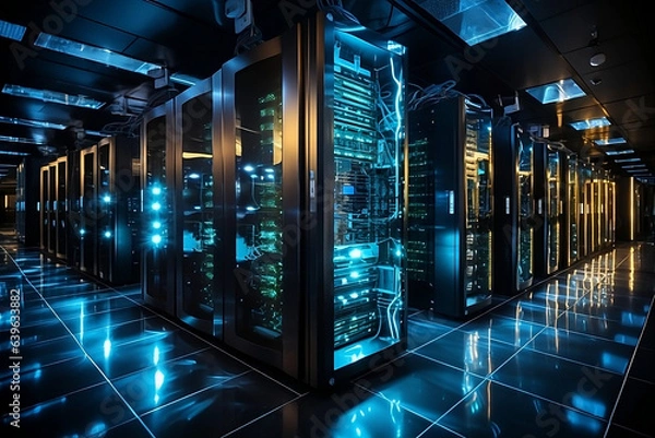 Fototapeta Cutting-edge data servers boasting exceptional performance. Within the confines of the data center rack, reside ultra high-performance servers, generative AI