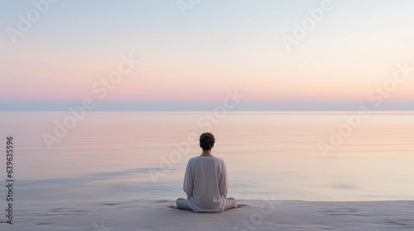 Fototapeta individual meditating at sunrise on a pristine beach, calm sea, pastel sky with first light of dawn, minimalist aesthetic