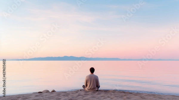 Fototapeta individual meditating at sunrise on a pristine beach, calm sea, pastel sky with first light of dawn, minimalist aesthetic