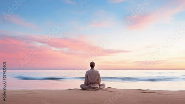 Fototapeta individual meditating at sunrise on a pristine beach, calm sea, pastel sky with first light of dawn, minimalist aesthetic