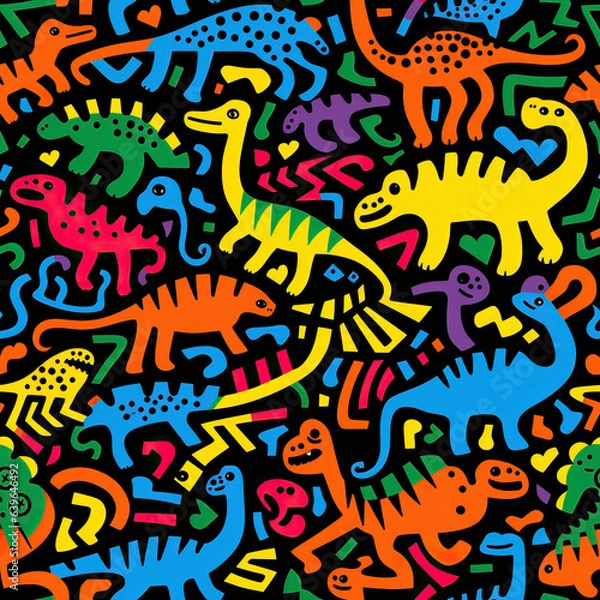 Fototapeta Dinosaur pattern, cute cartoon childish funny repeat dino doodles