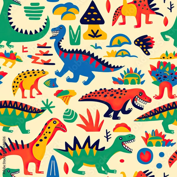 Fototapeta Dinosaur pattern, cute cartoon childish funny repeat dino doodles