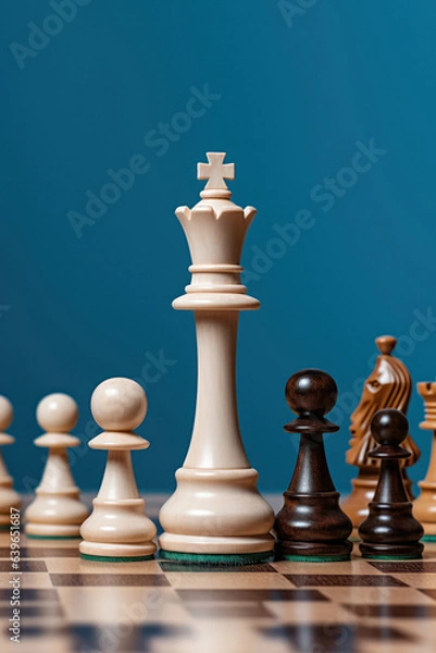 Fototapeta chess king in house, home living room or apartment in winner strategy, checkmate or board game success. Zoom, chessboard and winning pawn in thinking mind challenge or ...