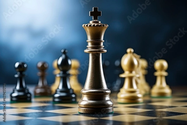 Fototapeta chess king in house, home living room or apartment in winner strategy, checkmate or board game success. Zoom, chessboard and winning pawn in thinking mind challenge or ...