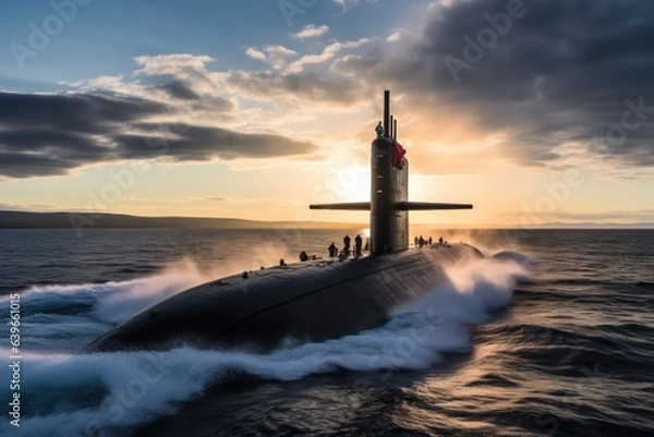 Fototapeta Heavy atomic submarine floating in ocean. Excellent aerials over a submarine at sea.