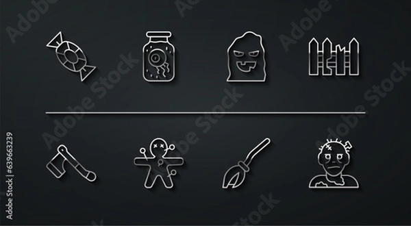 Obraz Set line Candy, Wooden axe, Garden fence wooden, Witches broom, Voodoo doll, Eye in jar, Zombie mask and Funny scary ghost icon. Vector