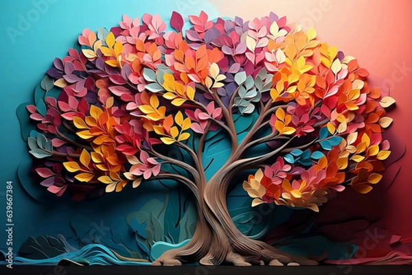 Obraz Colorful tree with leaves on hanging branches illustration background. 3d abstraction wallpaper for interior mural wall art decor. Floral tree with multicolor leaves. 