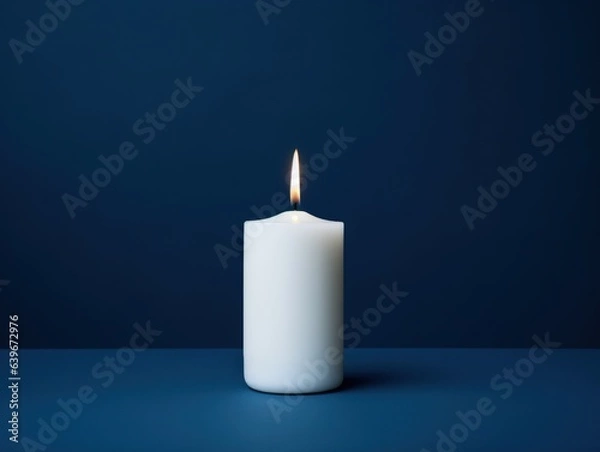 Fototapeta Capture the essence of solitude with a lone candle on a deep blue background, evoking a sense of calm and reflection