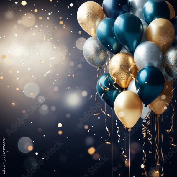 Fototapeta Holiday Festive Blue, Metallic Silver, and Glistening Golden Balloons and Sparkling Ribbon Confetti Background. Created using generative AI