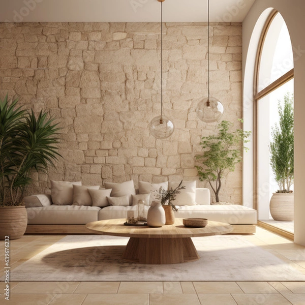 Fototapeta Interior design of Mediterranean living room with glass lights and sandstone wall. Created using generative AI