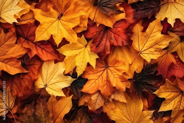 Fototapeta Horizontal autumn banner with 3D realistic colored leaves. Generative AI.