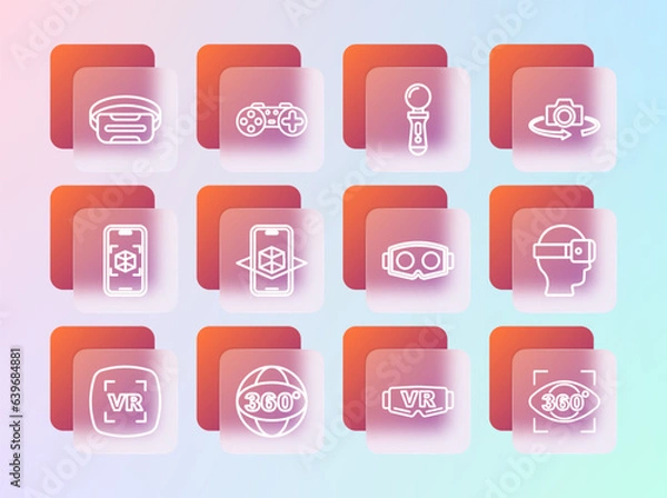 Fototapeta Set line 360 degree view, Virtual reality glasses, 3d modeling, VR controller game, and Gamepad icon. Vector