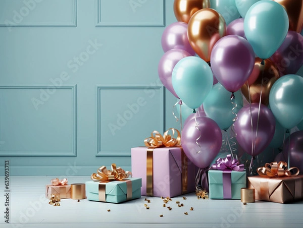 Fototapeta Gift boxes and Bunch of balloons on empty wall, Birthday card background