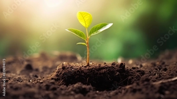 Fototapeta Tree growing with sunshine background. Ecology concept Generative ai