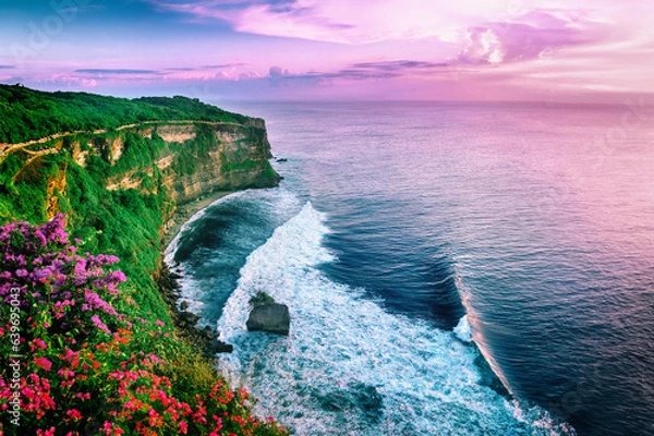 Fototapeta View of Uluwatu cliff with pavilion and blue sea in Bali, Indonesia