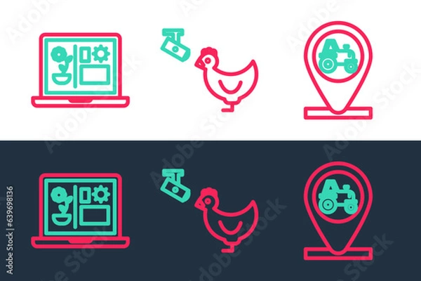 Obraz Set line Tractor and location, Smart farming technology and Chicken camera icon. Vector
