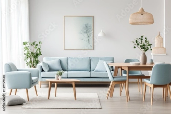 Fototapeta Light blue sofa and dining table and chairs. Scandinavian or mid-century interior design of modern living room