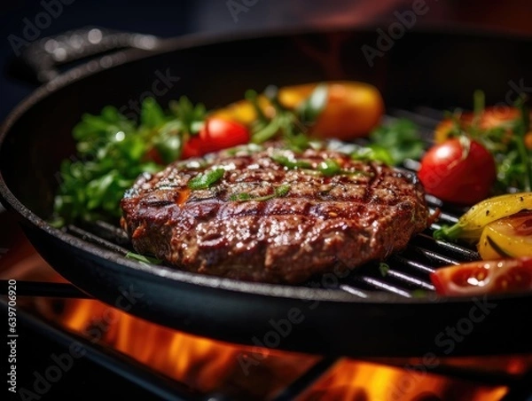 Obraz Hamburger in a frying pan, close-up shot