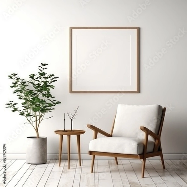 Fototapeta Empty mock up poster frame on white wall. Interior design of modern living room with armchair