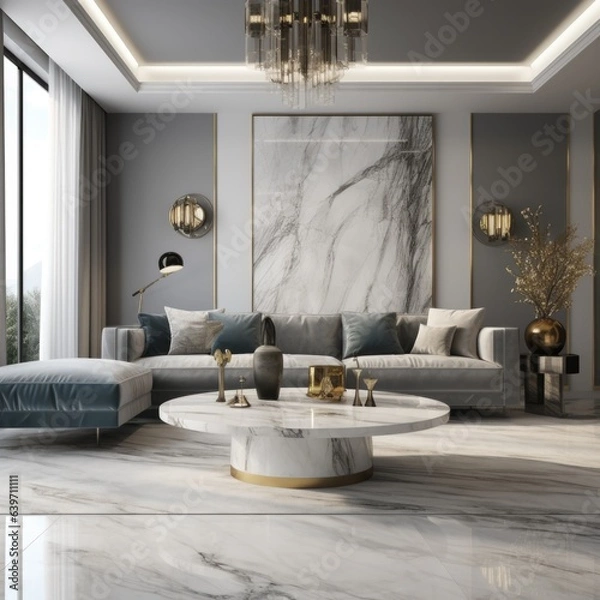 Fototapeta Hollywood regency style interior design of modern living room with marble coffee table and gray sofa
