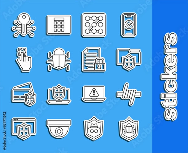 Obraz Set line System bug, Barbed wire, Document folder protection, Graphic password, Fingerprint, Smart key and and lock icon. Vector