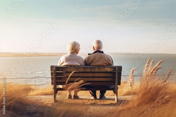 Obraz An old couple sitting on a bench overlooking a body of water