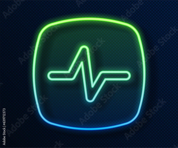 Obraz Glowing neon line Heart rate icon isolated on blue background. Heartbeat sign. Heart pulse icon. Cardiogram icon. Vector