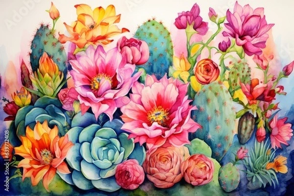 Fototapeta Watercolor cactuses. Generated AI.