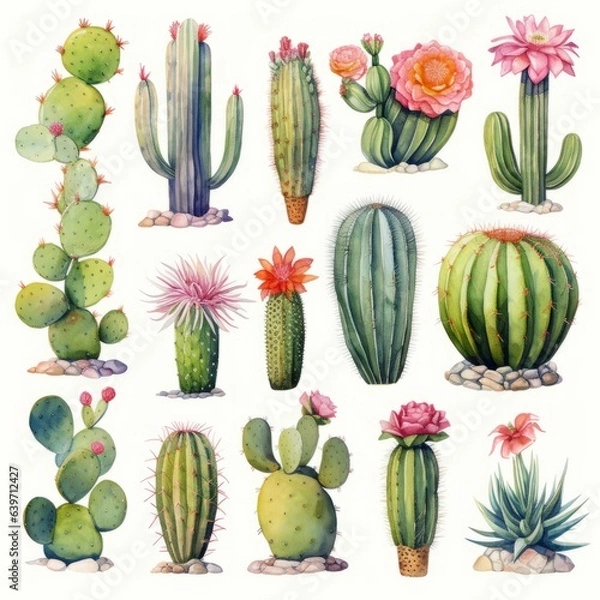 Obraz Watercolor cactuses. Generated AI.
