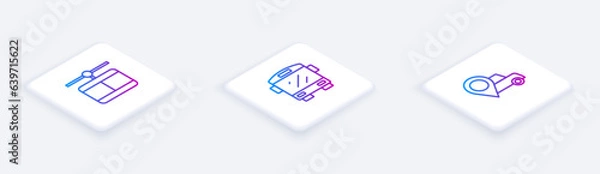 Fototapeta Set Isometric line Cable car, Bus and Location with taxi. White square button. Vector