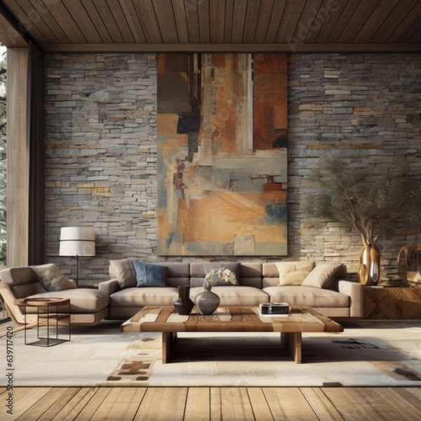 Obraz Rustic interior design of modern living room with tiled stone wall and abstract wall decor