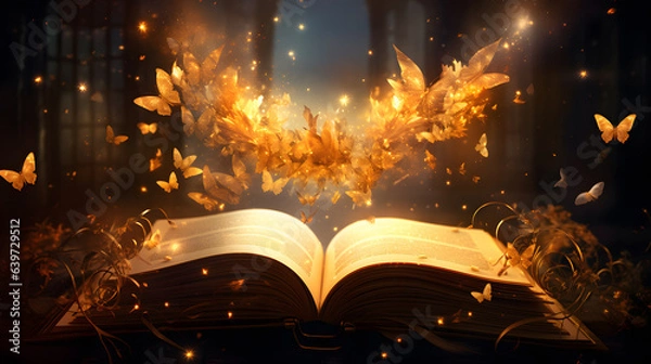 Fototapeta butterflies flying out of an open book in a dark room Generative AI